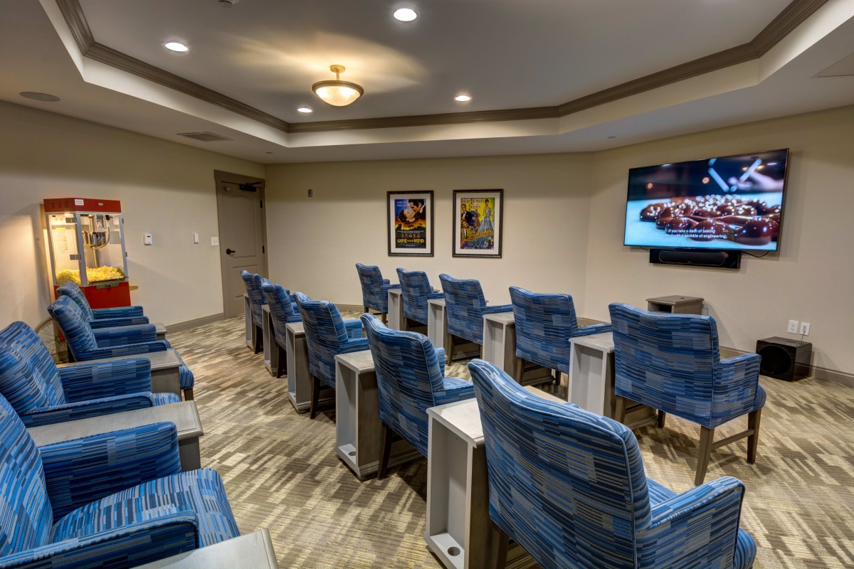 A home theater room with rows of blue chairs facing a large screen.