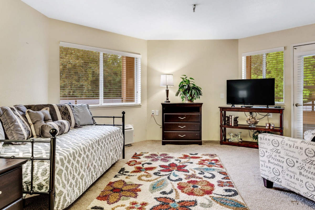 A cozy living room featuring a daybed, colorful rug, television, and a lamp beside a window.