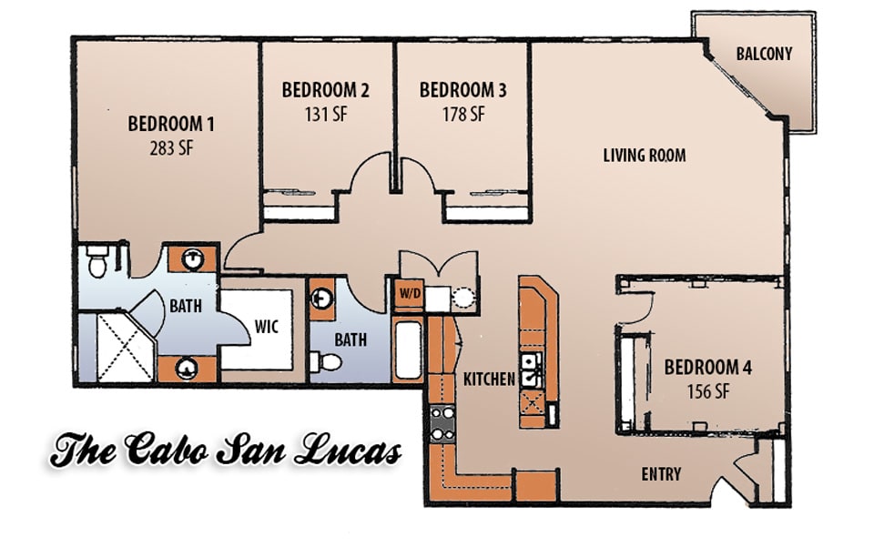 Floor plan of a three-bedroom apartment in Cabo San Lucas.