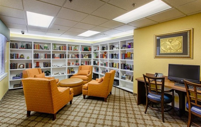 A cozy library reading area with armchairs and bookshelves.