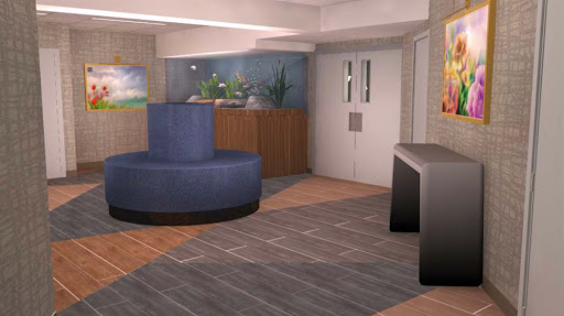 A modern lobby featuring a circular seating area and contemporary decor.