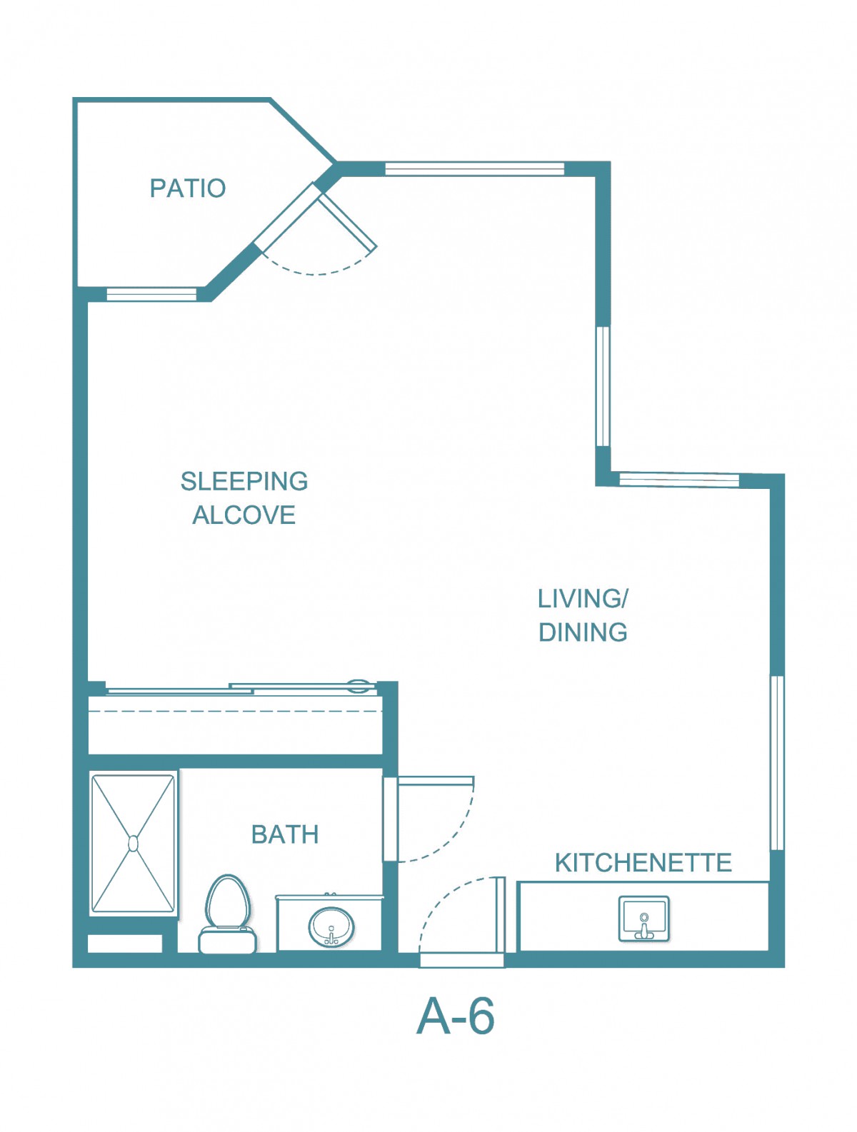 Floor plan of a studio apartment with a patio, sleeping alcove, living/dining area, kitchenette, and bath.