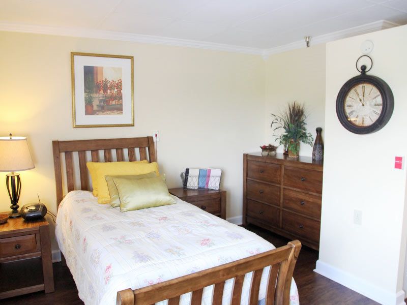 A cozy bedroom with a single wooden bed, decorative pillows, and a dresser adorned with plants and art.