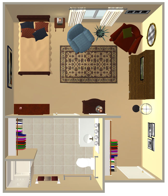 A 3D floor plan of a bedroom with furniture including a bed, chair, dresser, and carpet.