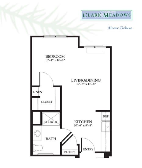A compact one-bedroom apartment floor plan with designated areas for living/dining, kitchen, bath, and closet spaces.