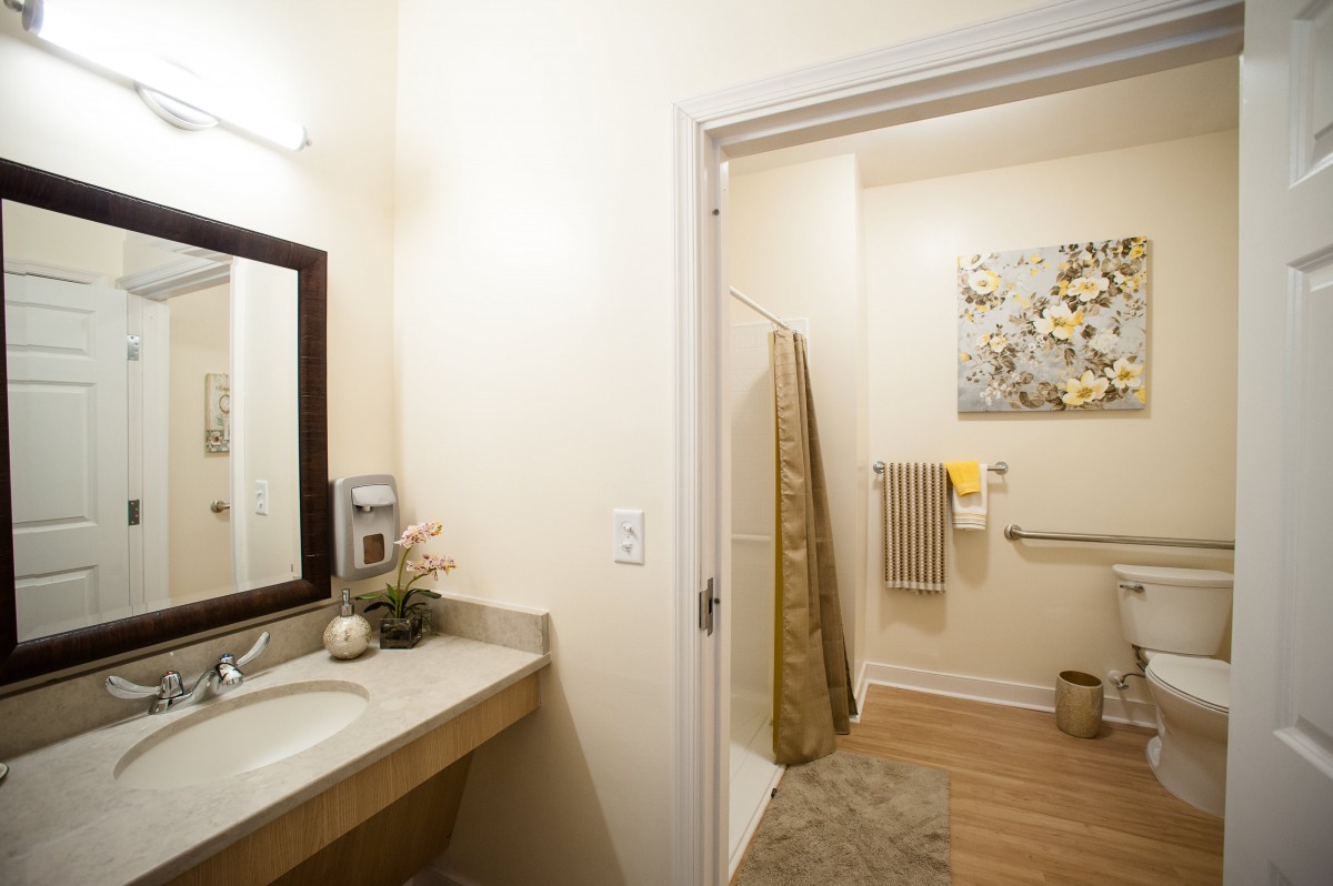 A well-lit bathroom with a sink, mirror, and shower area featuring elegant decor.