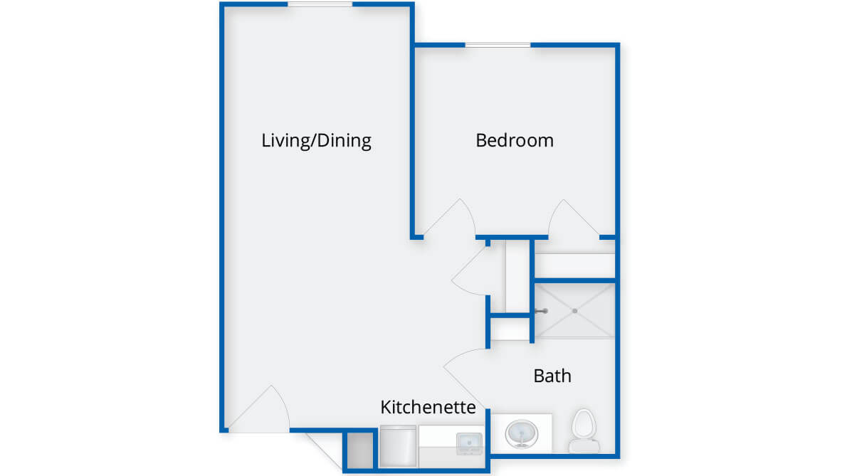 A detailed floor plan of a one-bedroom apartment including a living/dining area, kitchenette, and bathroom.