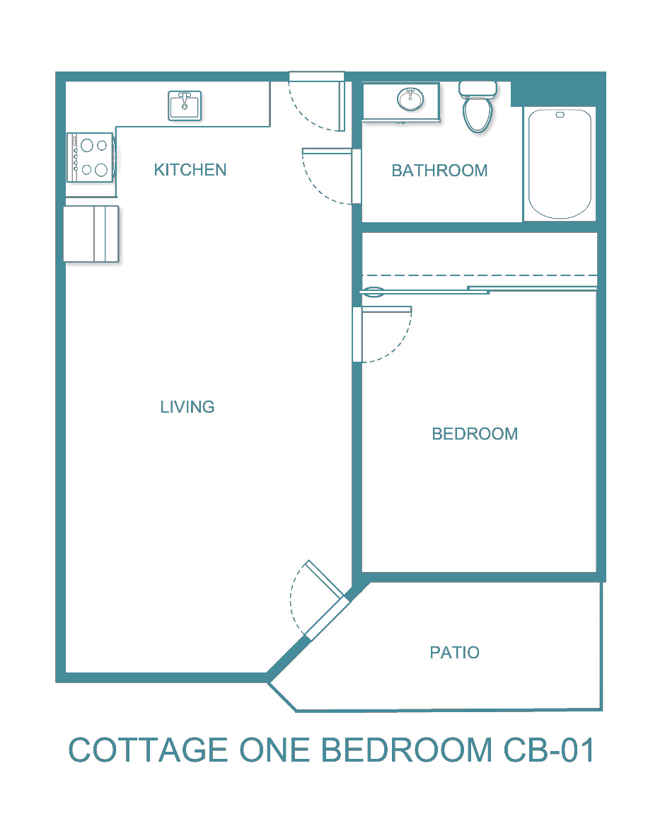 Floor plan of a cottage featuring one bedroom, living area, kitchen, bathroom, and patio.