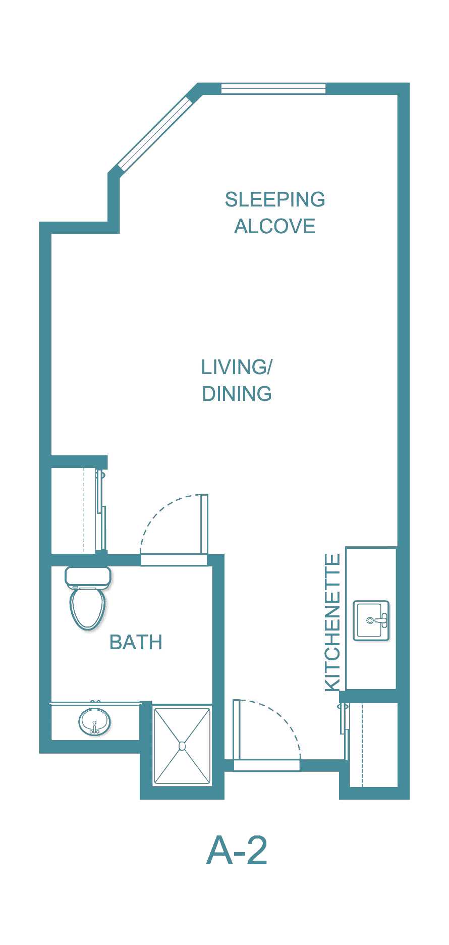 A compact studio apartment layout featuring a living/dining area, bathroom, and kitchenette.