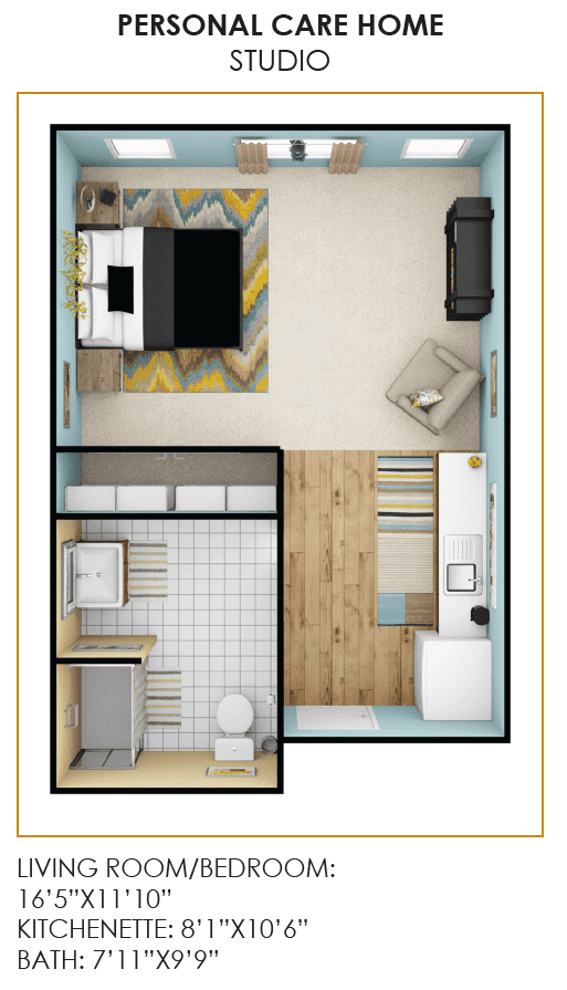 A top-down floor plan of a studio apartment featuring a bedroom, bathroom, and combined living/kitchen area.