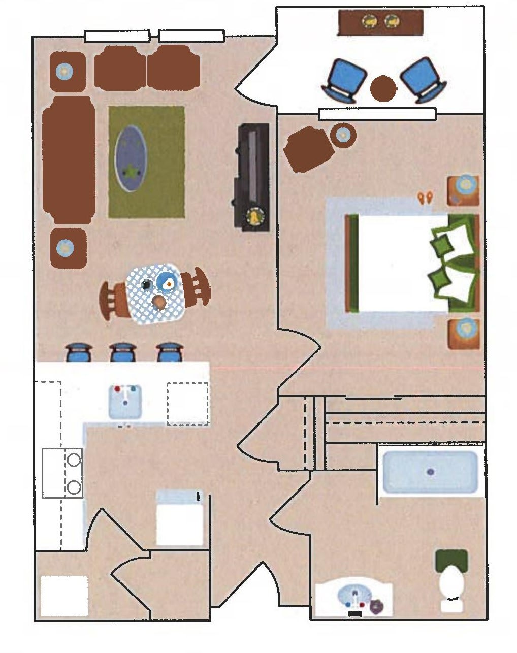 This image depicts a floor plan of an apartment, showcasing the arrangement of rooms and furniture.