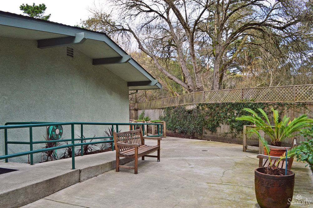 A serene patio area with a wooden bench, adjacent to a house surrounded by trees and landscaping.