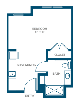 A floor plan of a studio apartment with a kitchenette, bedroom, bath, and closet.