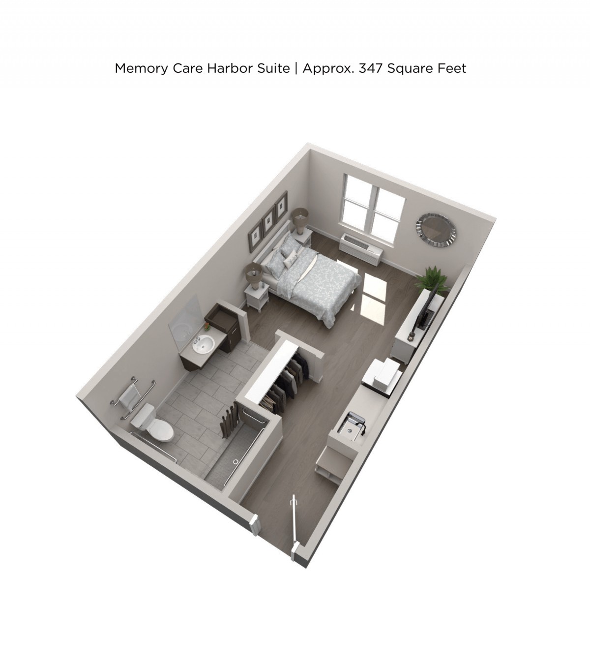 3D floor plan of a memory care studio apartment, approximately 317 square feet.