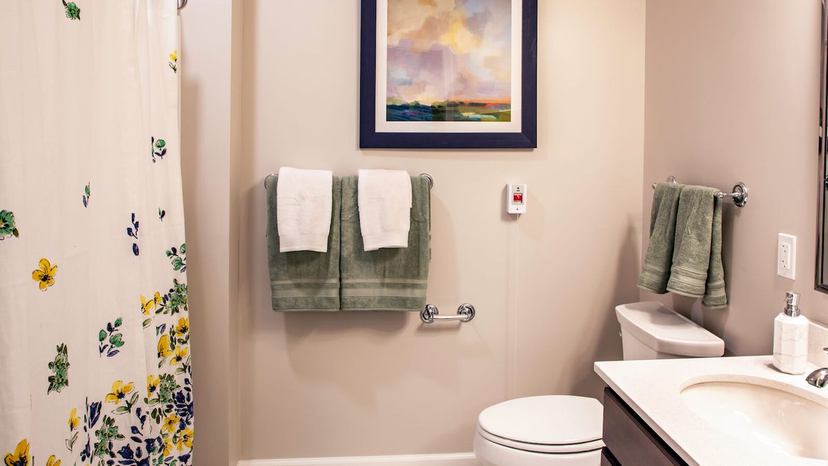 A tidy bathroom featuring green towels on a rack, a toilet, and framed artwork on the wall.