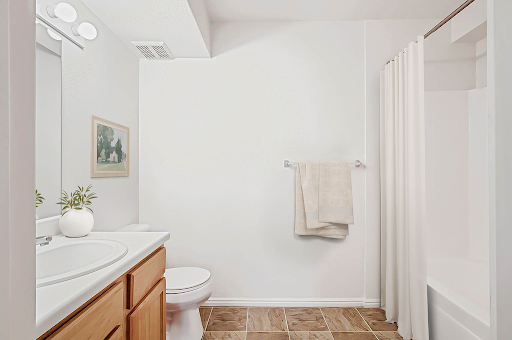 A bright and simple bathroom featuring a vanity, shower curtain, and wooden accents.