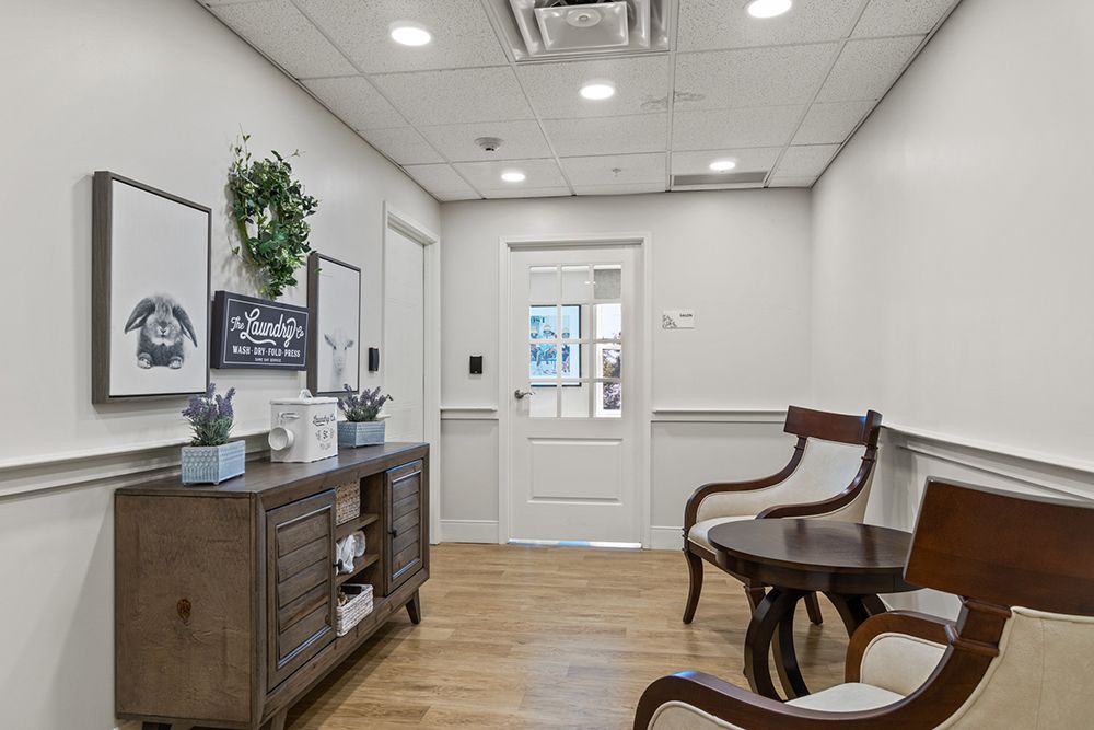 A cozy waiting room with elegant furniture and tasteful decor.