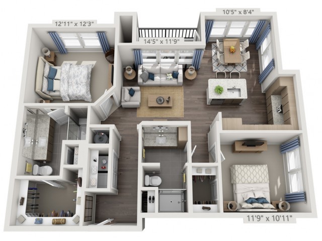 A two-bedroom apartment floor plan featuring a living room, kitchen, bathroom, and balcony.