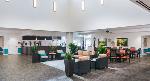 A modern lobby featuring comfortable seating and vibrant decor.