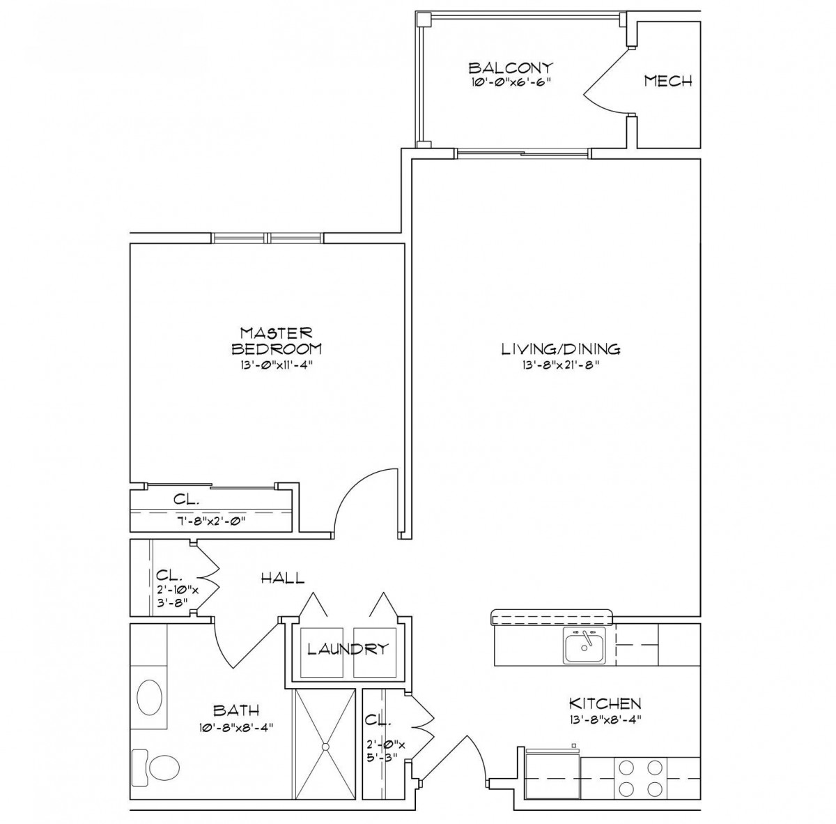 Floor plan of a one-bedroom apartment with labeled rooms and dimensions.