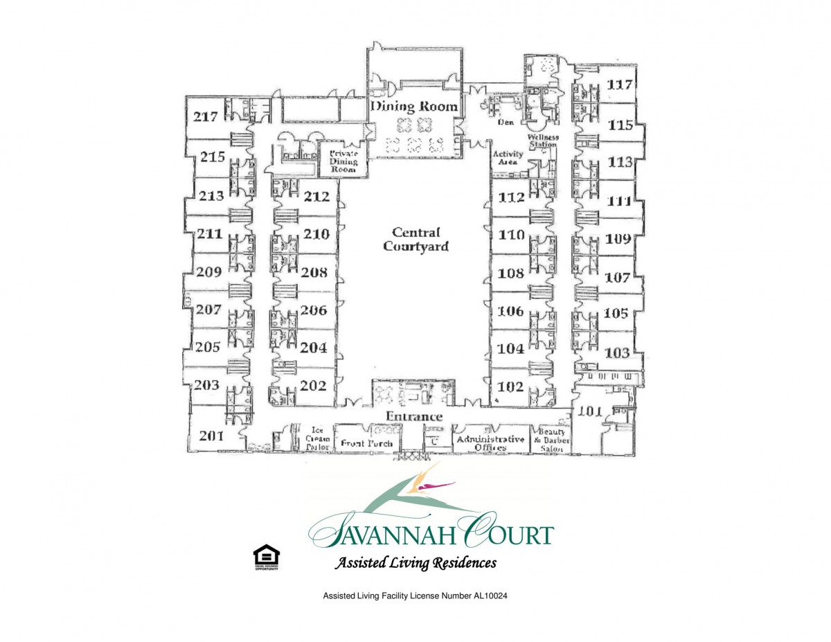 Floor plan of an assisted living residence with a central courtyard.