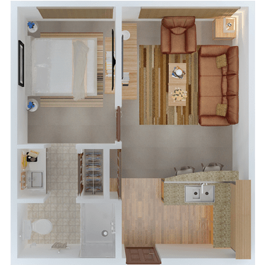 A top view of a compact apartment floor plan featuring a living room, bedroom, kitchen, and bathroom.