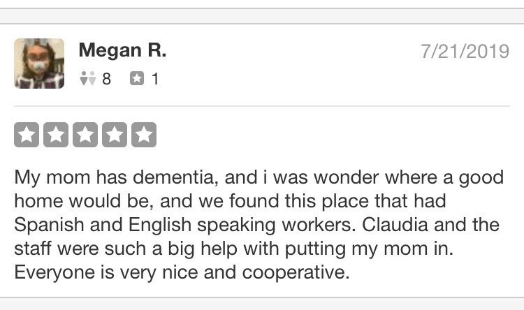 A testimonial about an assisted living facility with bilingual staff, emphasizing dementia care support.