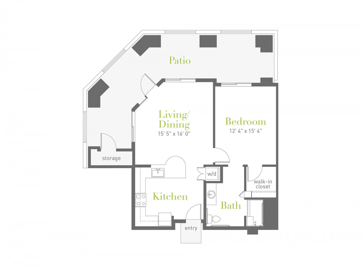 One-bedroom apartment floor plan with living/dining area, kitchen, bathroom, and patio.