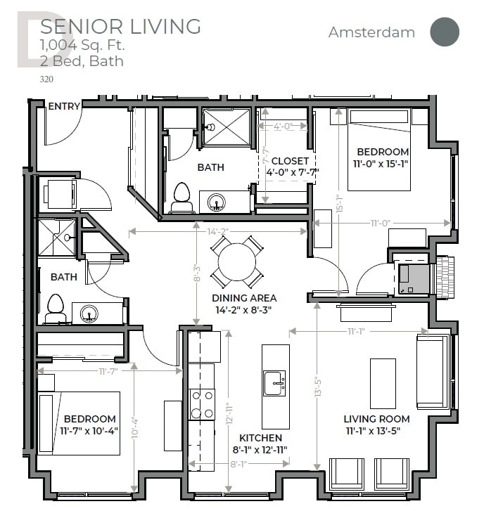 Floor plan of a senior living apartment measuring 1,058 square feet with 2 bedrooms and 2 baths.