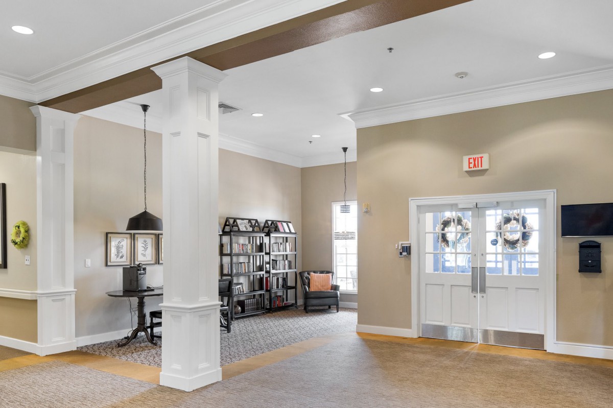 A modern lobby with neutral tones and stylish decor.