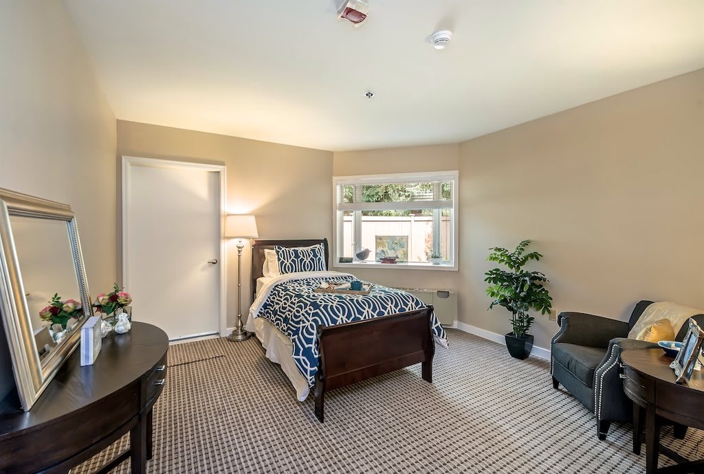 A cozy bedroom with a bed, lamp, chair, and potted plant, featuring a large window and patterned carpet.
