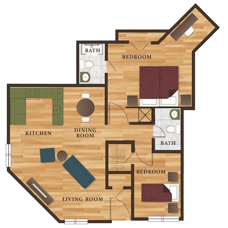 A detailed floor plan of a two-bedroom apartment featuring a combined living and dining area, kitchen, and two bathrooms.