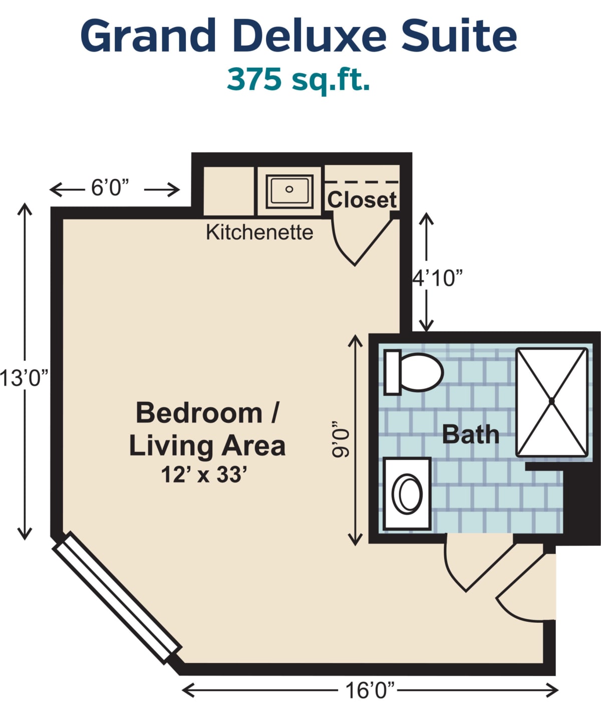 A floor plan of a studio suite measuring 375 square feet, featuring a combined bedroom and living area, along with a bathroom.