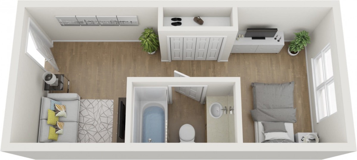 Top-down view of a compact bathroom layout within an apartment.