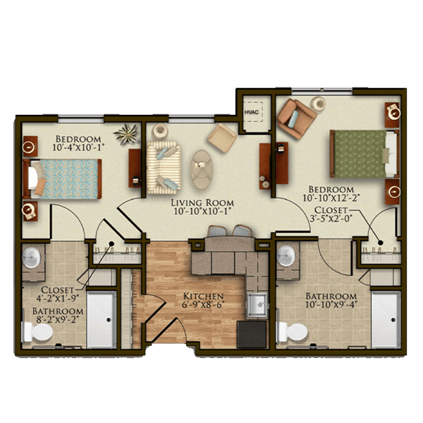 A detailed floor plan of a two-bedroom apartment, featuring a living room, kitchen, and two bathrooms.