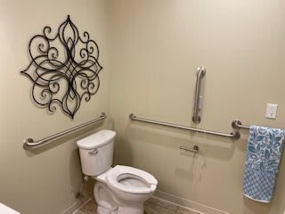 An accessible bathroom with decorative wall art and grab bars.