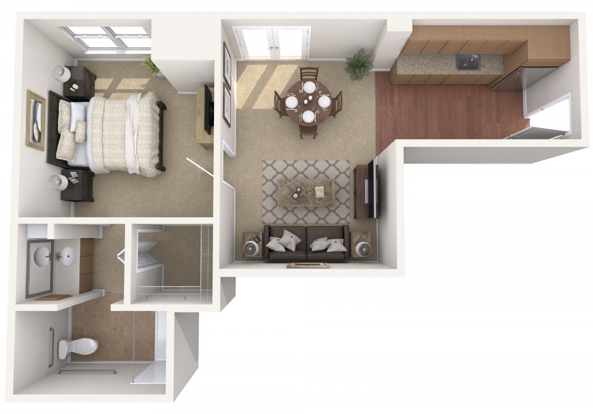 A detailed floor plan of a one-bedroom apartment featuring a living room, dining area, kitchen, and bathroom.