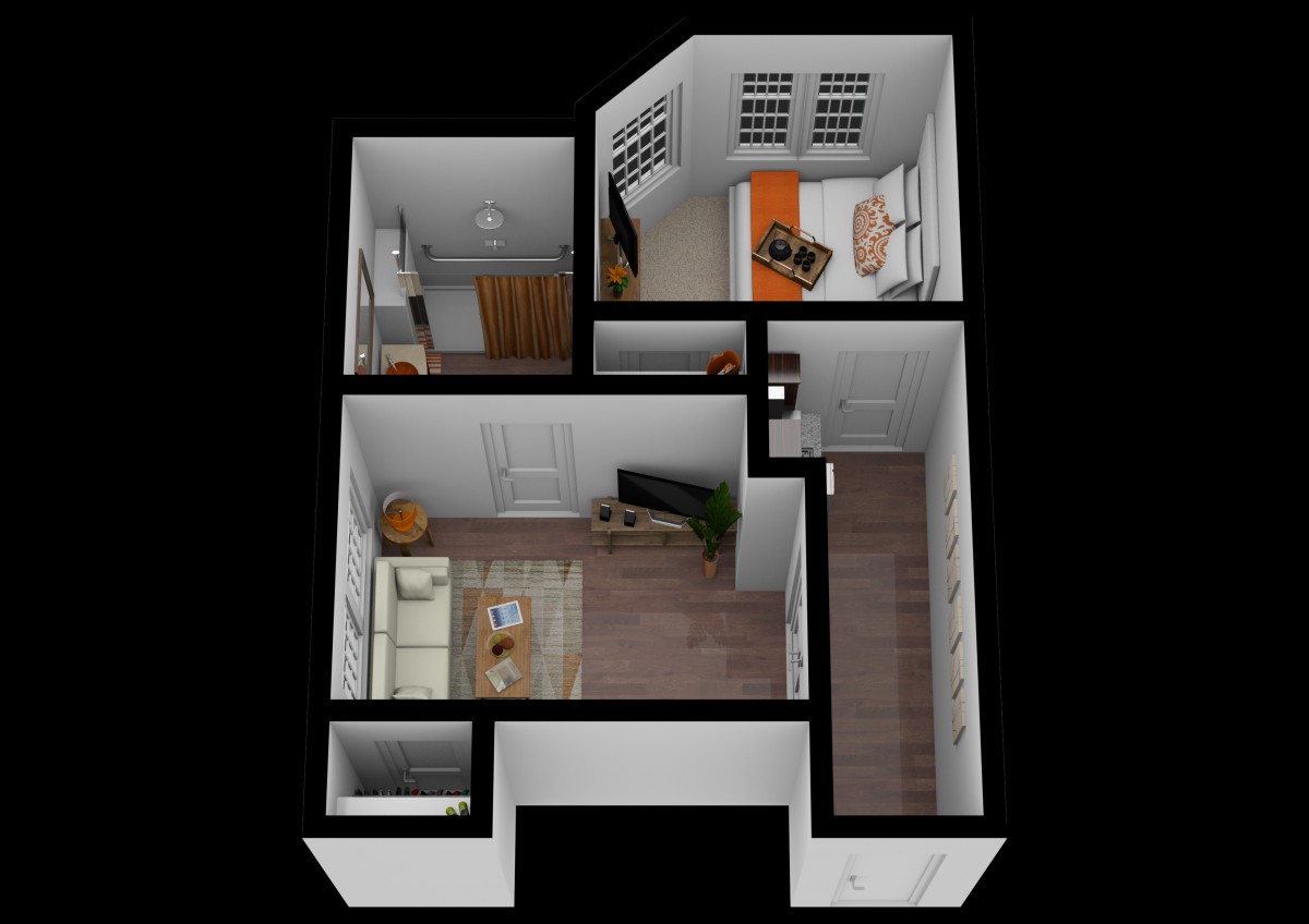 A 3D floor plan of a compact apartment featuring a living room, bedroom, kitchen, and bathroom.