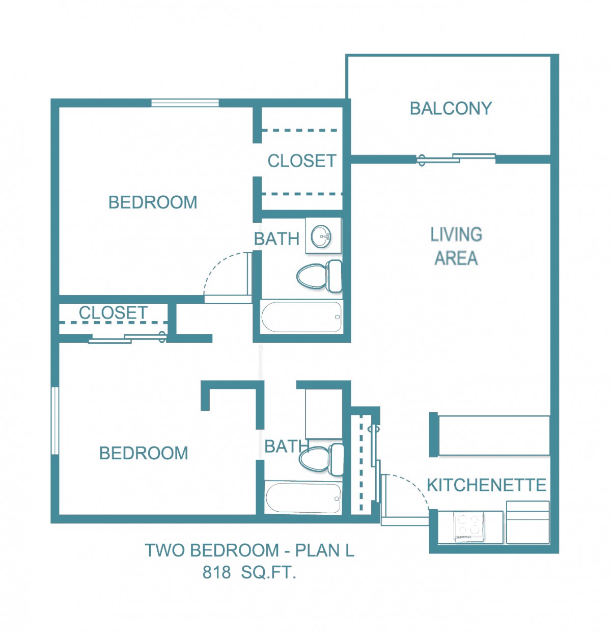 A floor plan of a two-bedroom apartment featuring a living area, kitchen, bathrooms, and a balcony.