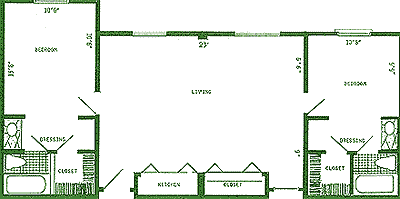 A simple floor plan showing a living area with adjacent kitchen and bathroom spaces.