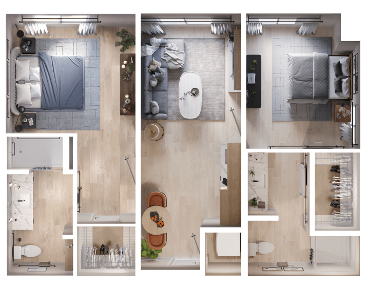 A modern floor plan of a compact apartment featuring two bedrooms, a bathroom, a living room, and a kitchen.