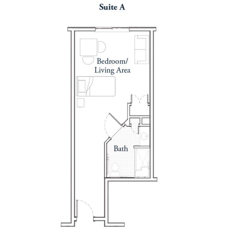 A floor plan of Suite A showing a bedroom/living area and a bath.