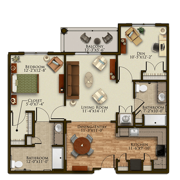 A detailed floor plan of an apartment showing the layout of rooms and furniture.