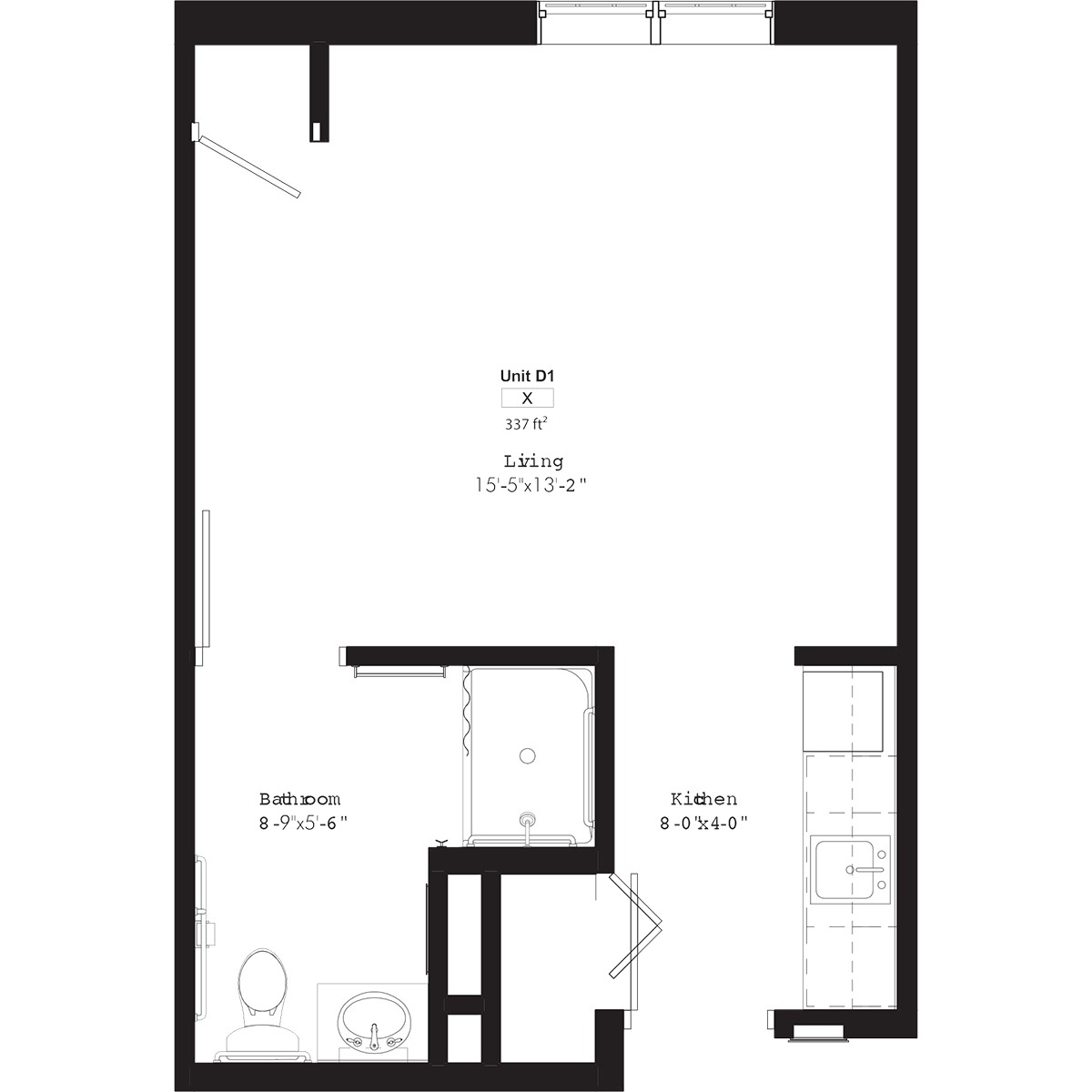 A floor plan of a compact apartment featuring a bathroom, kitchen area, and main living space.