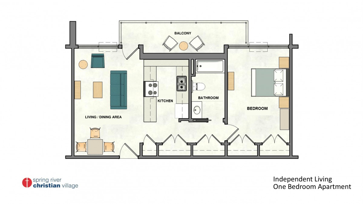A detailed floor plan of an apartment featuring a living area, kitchen, bathroom, bedroom, and balcony.