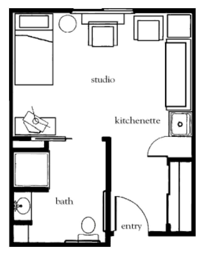A floor plan of a studio apartment featuring a kitchenette and bathroom.