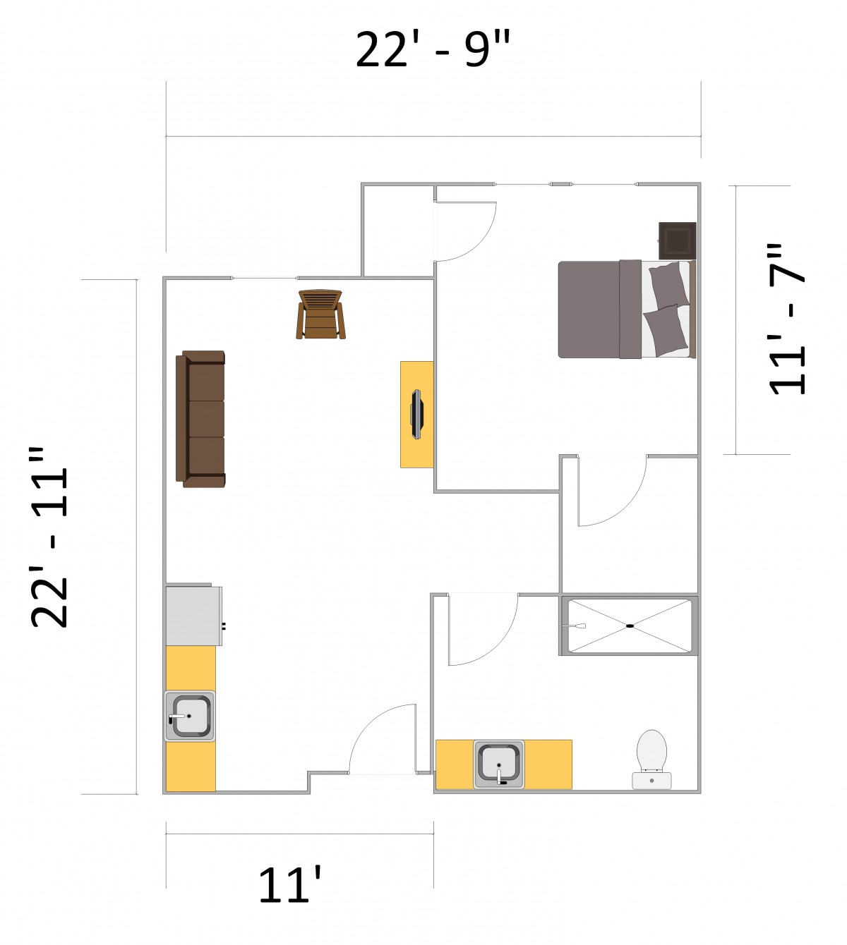 This image depicts a floor plan with dimensions and room layouts, including kitchen and furniture arrangement.