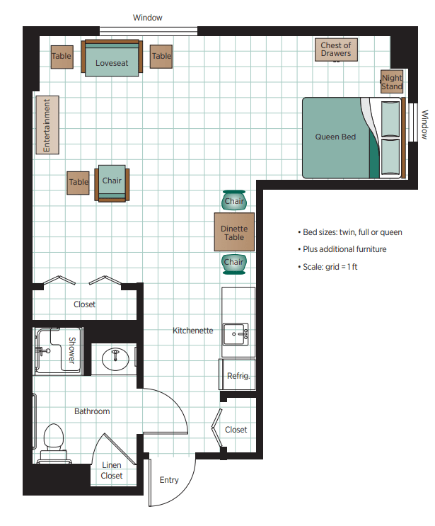 A one-bedroom apartment floor plan featuring a living room, kitchen, bathroom, and dining area.