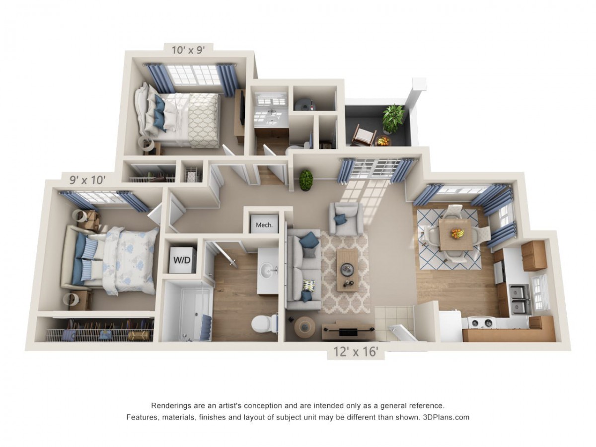 A 3D-rendered floor plan of a two-bedroom apartment showcasing interior design details.