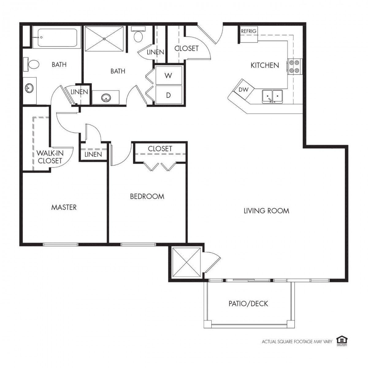 A floor plan of a two-bedroom apartment featuring a kitchen, living room, and balcony.